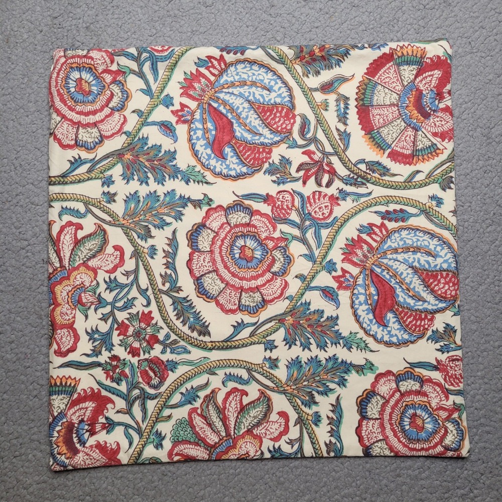 Pottery Barn Pillow Cover Cream Multicolor Floral Block Print Boho Cottage India